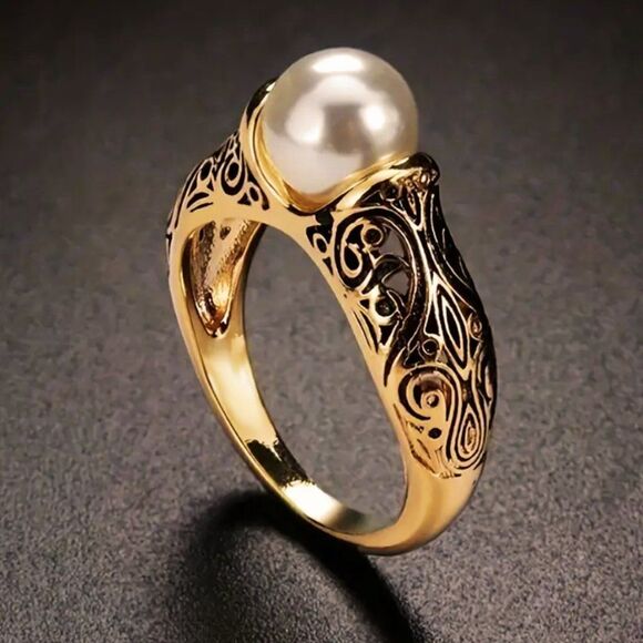 Gold Tone Pearl Ring Filigree Sculpted Mounting Fashion Costume Jewelry 3 sizes - Picture 1 of 5